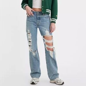 LEVIS WOMENS FREE PEOPLE PREMIUM 501 DENIM JEANS STRAIGHT LEG DISTRESSED 26 X 26